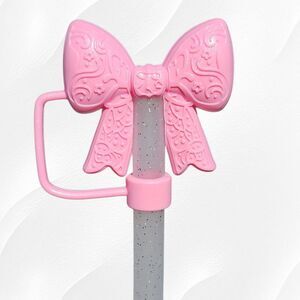 Sizzling Pink Shimmer Princess Bow 3D Silicone Straw Topper - 10mm Straw Cover